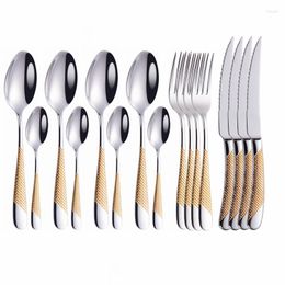 Dinnerware Sets 16 Pieces Silver Set 18/10 Stainless Steel Kitchen Tableware Fork Spoon Knife Golden Cutlery