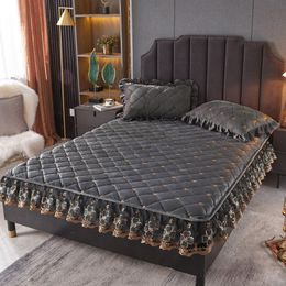 Bed Skirt Nordic Bed Skirt Bed Sheet Luxury Bedspread Lace Embroidery Crystal Velvet King Size Ruffled Thick Quilted With Elastic Double 230314