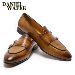 Luxury Men's Loafers Genuine Leather Shoes Brown Black Double Monk Strap Slip on Pointed Toe Office Wedding Dress Casual Shoes