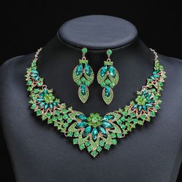 Wedding Jewellery Sets KMVEXO Exquisite Leaves Green Crystal Jewellery Sets For Women Wedding Party Jewellery Accessories Stud Earrings Necklace Set Gift 230313