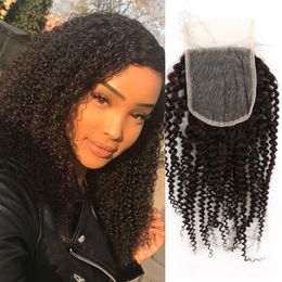 100% Human Hair Lace Closure Afro Kinky Curly Top Lace Closure 4X4 Top Closures Piece with Baby Hair Free Part Bleached Knots