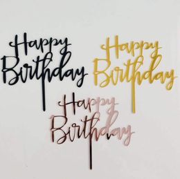 Party Supplies Cute Happy Birthday Rose Gold Cake Toppers Gold Glitter Acrylic Cupcake Flag Cake Decorations-Party Gifts RRA5181