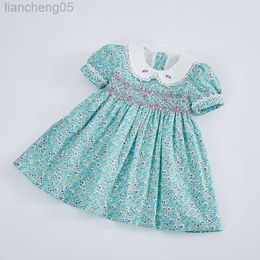 Girl's Dresses Kids Little Girls Handmade Smocked Floral Flower Print Dresses 2023 Spring Summer Toddler Girl Princess Vintage Smock Dress W0314