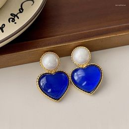 Dangle Earrings Vintage Retro Blue Pearl Heart Drop For Women Girl Fashion Temperament Jewellery Gift Party