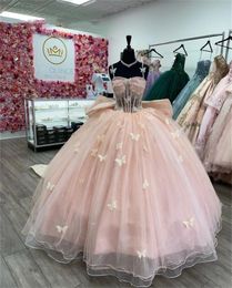 Princess Pink Sweetheart Ball Quinceanera Beaded Birthday Prom Dresses Bow Graduation Gown Vestido De 15 Anos