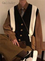Men s Vests Gmiixder Spring V neck Cardigan Japan Vintage Autumn Contrast Colour Sleeveless Sweater Korean Waistcoat Knitted 230313