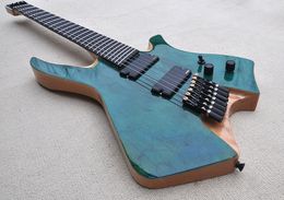 Factory Custom 7 Strings Headless Electric Guitar with Fanned Ebony Fretboard Ash body Spalted Maple Veneer Black Hardwares Offer Customised