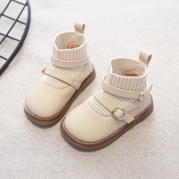 First Walkers Kids Pu Knit Splicing Ankle Boots for Girl Slip-on Shoes Autumn Winter Child School Uniform Round Toes Pricess Casual Boots 230314