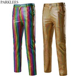 Men's Pants Rainbow Plaid Sequin Glitter Pants Men 70s Party Disco Dancer Singer Trousers Mens Nightclub DJ Stage Prom Pantalones Hombre 3XL 230313