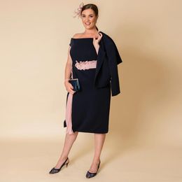 Modest Plus Size Mother Of The Bride Dresses Sheath Off The Shoulder Wedding Guest Dress With Long Sleeves Jacket Knee Length Satin Evening Gowns
