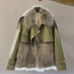 Women's Fur Winter PU Leather Coat Women False Lapel Long Sleeve Warm Fashionable Jackets