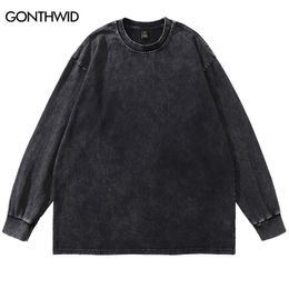 Men's T-Shirts Long Sleeve T-Shirt Streetwear Men Solid Colour Plain Casual Cotton Wash Distressed Tee Shirts Harajuku Fashion Loose Tshirt Tops 230313