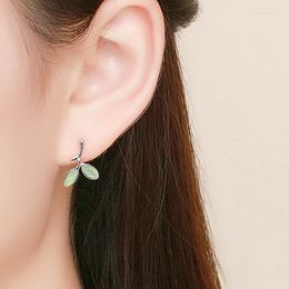 Stud Earrings Simple Korean Green Leaf Aesthetic Elegant Silver Color For Women Fashion Delicate Jewelry Gift