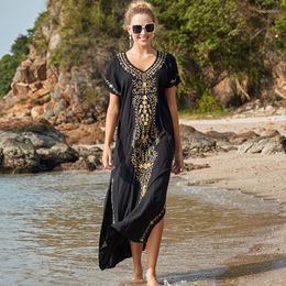 Casual Dresses Oversize Black Embroidery V-neck Short Sleeve Summer Beach Dress Tunic Women Beachwear Batwing Long