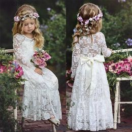 Girl's Dresses 2-12 Year Flower Girl Dresses White Beige Long Sleeve Summer Dress Communion Toddler Kids Christening Wedding Bridesmaid Clothes W0314