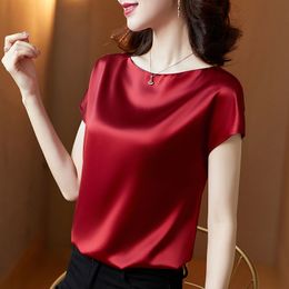 Women's T-Shirt Summer Korean Fashion Silk T-shirts for Women Vintage Satin Tops for Women Short Sleeves Loose Green Office Lady Shirts 230314