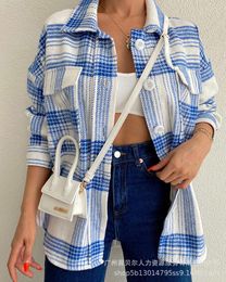 Women's Blouses Women Long Shirt Full Length Plaid Print Button Front Pocket Shacket Jacket Autumn Winter Top Blouse Fashion Casual