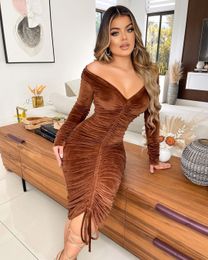 Party Dresses Sexy Velvet Drawstring Dress Women Autumn Winter One Shoulder V-neck Long Sleeve Slim Elastic Bodycon Midi Dresses Party Vestido 230314