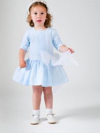 Girl Dresses Dress In Light Blue White Lace Big Bow Flower Three Quarter Sleeves Kids Party