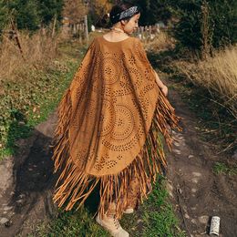 Shawls AYUALIN Camel Suede Floral Hollow Out Fringe Tassel Shawl Women Vintage Capes Ponchos Autumn Bohemian cardigan Cloak Boho 230314