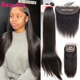 Hair pieces Beau Straight Bundles With Frontal Remy Human Closure Malaysian Weave 3 Lace 230314