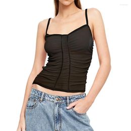 Women's Tanks Summer Streetwear Women Spaghetti Straps Ruched Mesh Camisole Solid Colour Sleeveless Sling Crop Tops Basic Vests
