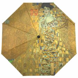 Umbrellas Fully Automatic Women Rain Umbrella Gustav Klimt Oil Painting Umbrella Three Folding Portable Umbrella Sun Protection Parasol 230314