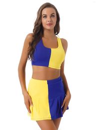 Work Dresses Women Cheerleading Costume Colour Block Sports Outfits Tracksuit U Neck Sleeveless Cropped Tank Top With Pleated Skirt For Beach