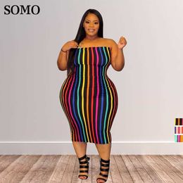 Plus Size Dresses Summer Off Shoulder Strapless Sleeveless Printed Rainbow Stripe 4xl Women Dress Sexy Wholesale Dropshipping 230307