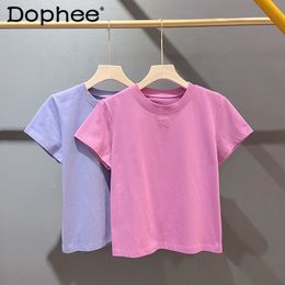 Women's T-Shirt Solid Summer Tshirt for Women Clothing Letter Print O-Neck Short-Sleeve T-shirt Femme Loose Casual Crop Top 100% Cotton Tee 230314