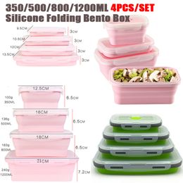 Lunch Boxes 4pcs/set Silicone Rectangle Collapsible Bento Folding Food Container Bowl 300/500/800/1200ml for Dinnerware 230314