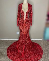 Neck Formal Square Red Evening for Black Girls 2023 Sequined Long Sleeves Plus Size Birthday Dresses Mermaid Prom Party Gowns