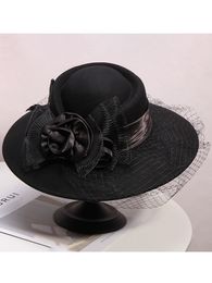 Stingy Brim Hats Veil Black Women Winter Fedora 100% Australian Wool Cloche Hats Female Wide Brim Felt Hat Ladies Bowknot For Church Caps 56-58cm 230314