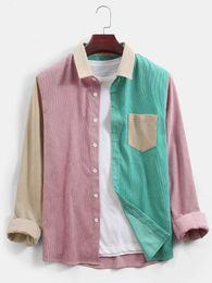 Men's Casual Shirts ChArmkpR Men Shirt Summer Autumn Corduroy Colorblock Patchwork Casual Chest Pocket Long Sleeve Shirts Tops Chemises Camisas 230314