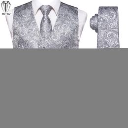 Mens Vests Silver Grey Black Silk Mens Vest Tie Set Adjustable Jacquard Western Waistcoat Jacket Necktie Hanky Cufflinks Wedding Business 230313