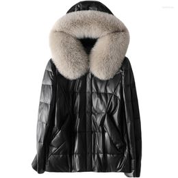 Women's Leather Black Hair Hooded Down Jacket Woman Parkas Winter Natural Sheepskin Fur Autumn Coat Genuine Outwear Female