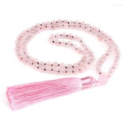 Anhänger Halsketten Mode Frauen Halskette 6mm Rosa Kristall Chalcedon Stein 108 Mala Perlen Quaste Meditation Yoga Für Mädchen Schmuck Geschenke