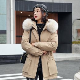 Women's Down & Parkas Medium Long Hooded Parka With Fur Collar Winter Jacket Women 2023 Adjustable Waist Ladies Cotton Liner Coat