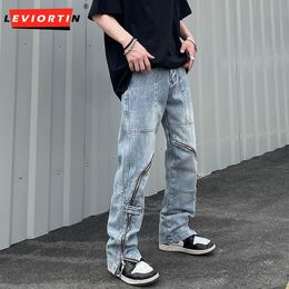 Mens Jeans High Street Zipper Decorated Split Jeans Pants Mens American Hip Hop Man Loose Straight Micro Horn Denim Trousers Unisex Y2K 230313