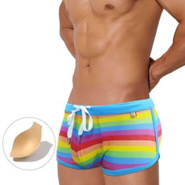 Men's swimwear Push Up Rainbow Swimwear Mens Swim Shorts Beach Swimming Trunks Sexy Gay Boxer Briefs Swimsuit Man Surf Bathing Suit Summer L230314