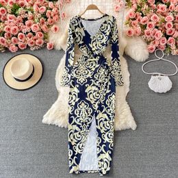 Casual Dresses Fall French Sexy V-neck Wrap Hip Blue And White Porcelain Print Dress For Women Slim Long Split