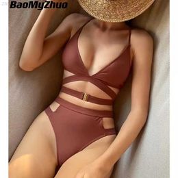 Women's Swimwear 2022 New Sexy High Waist Women's Bikini Cut Out Swimsuit Solid Women Swimwear V-Neck Beachwear Buckle Bathing Suit Biquinis