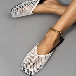 GAI Women's Slippers Fashion Mesh Flat Bottom Square Toe Flip Flops Hollow Casual Simple Solid Sandals Plus Size Chinelo Nuvem 230314 GAI