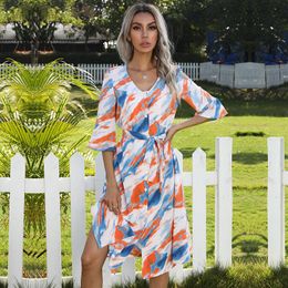 Casual Dresses Printed Tie-dye V-neck Mid-sleeve Shirt Bottom Dress