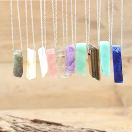 Stainless Chains Raw Stone Pillar Pendants Healing Crystal Reiki Natural Smoky Rose Quartz Citrines Gems Necklace Jewellery