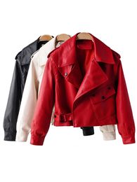 Women's Jackets Fitaylor Autumn Women Faux Leather Jacket Pu Motorcycle Biker Red Coat Turndown Collar Loose Streetwear Black Punk Outerwear 230313