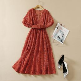 Summer 1/2 Half Sleeve Mid-Calf Dress V Neck Chocolate Floral Lace Belted Elegant Casual Dresses 22Q151632 Plus Size XXL