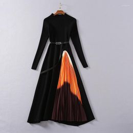 Casual Dresses Womens Long Sleeve A-line Black Knitting Dress With Belt Big Swing Pleated Patchwork Hem