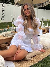 Party Dresses Cryptographic Square Collar Elegant White Bubble Sleeve Mini Dress Party Club Outfits for Women Cottagecore Dresses Fall Clothes L230313