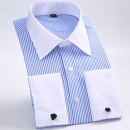 Men's Casual Shirts Men's Classic French Cuffs Striped Dress Shirt Single Patch Pocket Standard-fit Long Sleeve Wedding Shirts Cufflink Included 230314